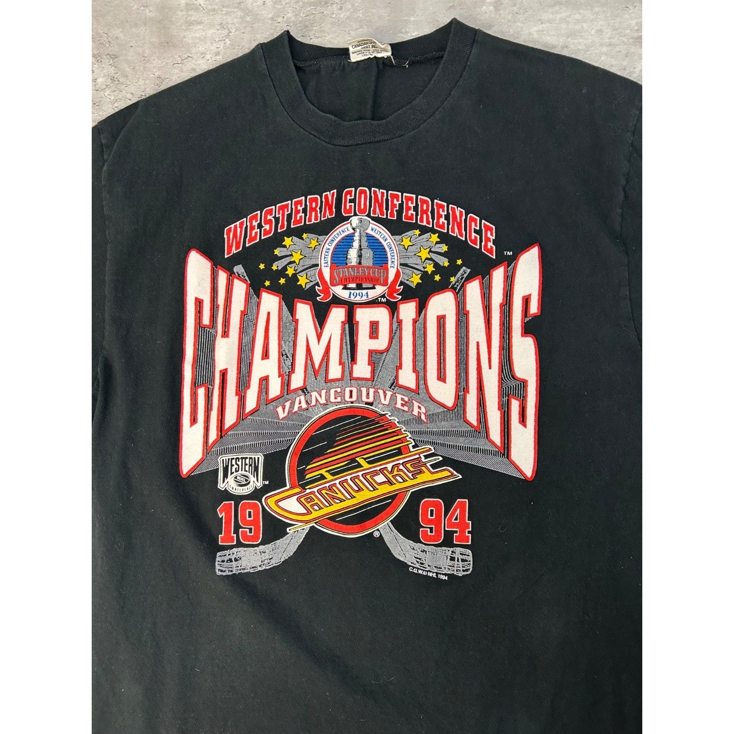 Vintage 1994 Vancouver Canucks NHL Western Conference Champs T-Shirt Size Large