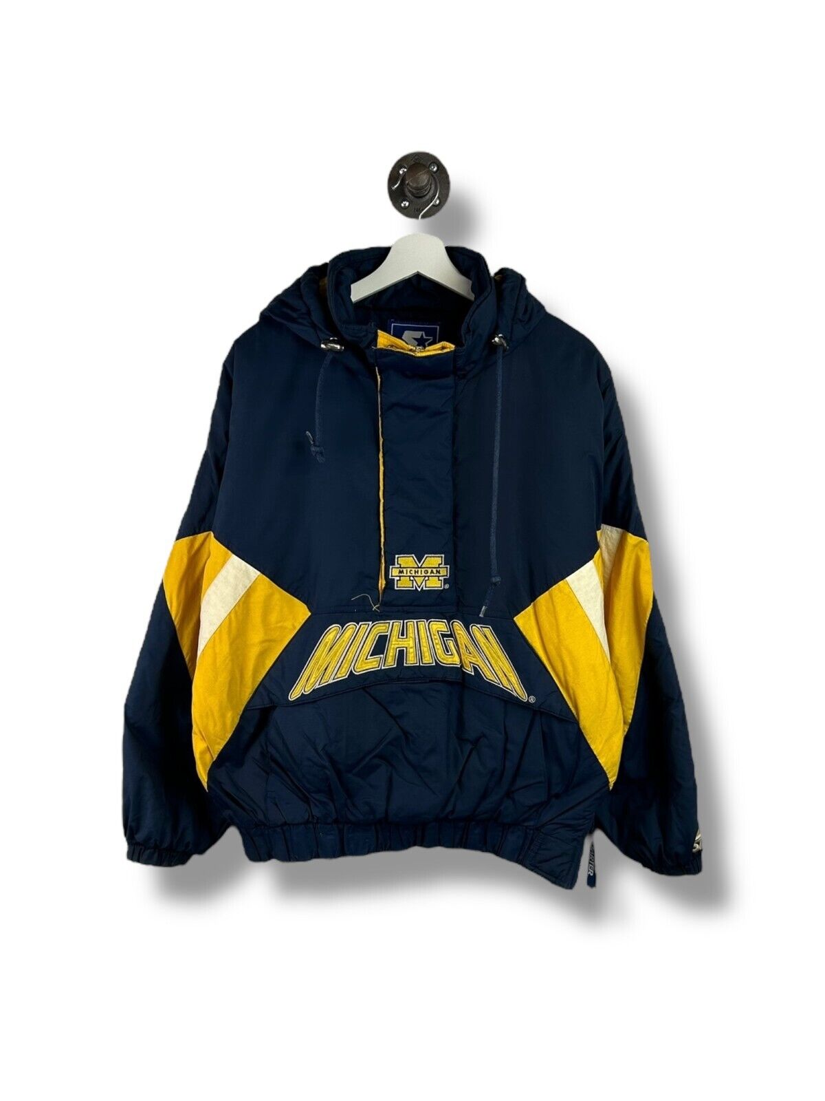 Vintage 90s Michigan Wolverines NCAA 1/2 Zip Starter Hooded Jacket Size Medium