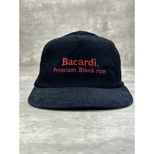 Vintage 90s Bacardi BLack Rum Embroidered Spellout Corduroy Snapback Hat OSFA