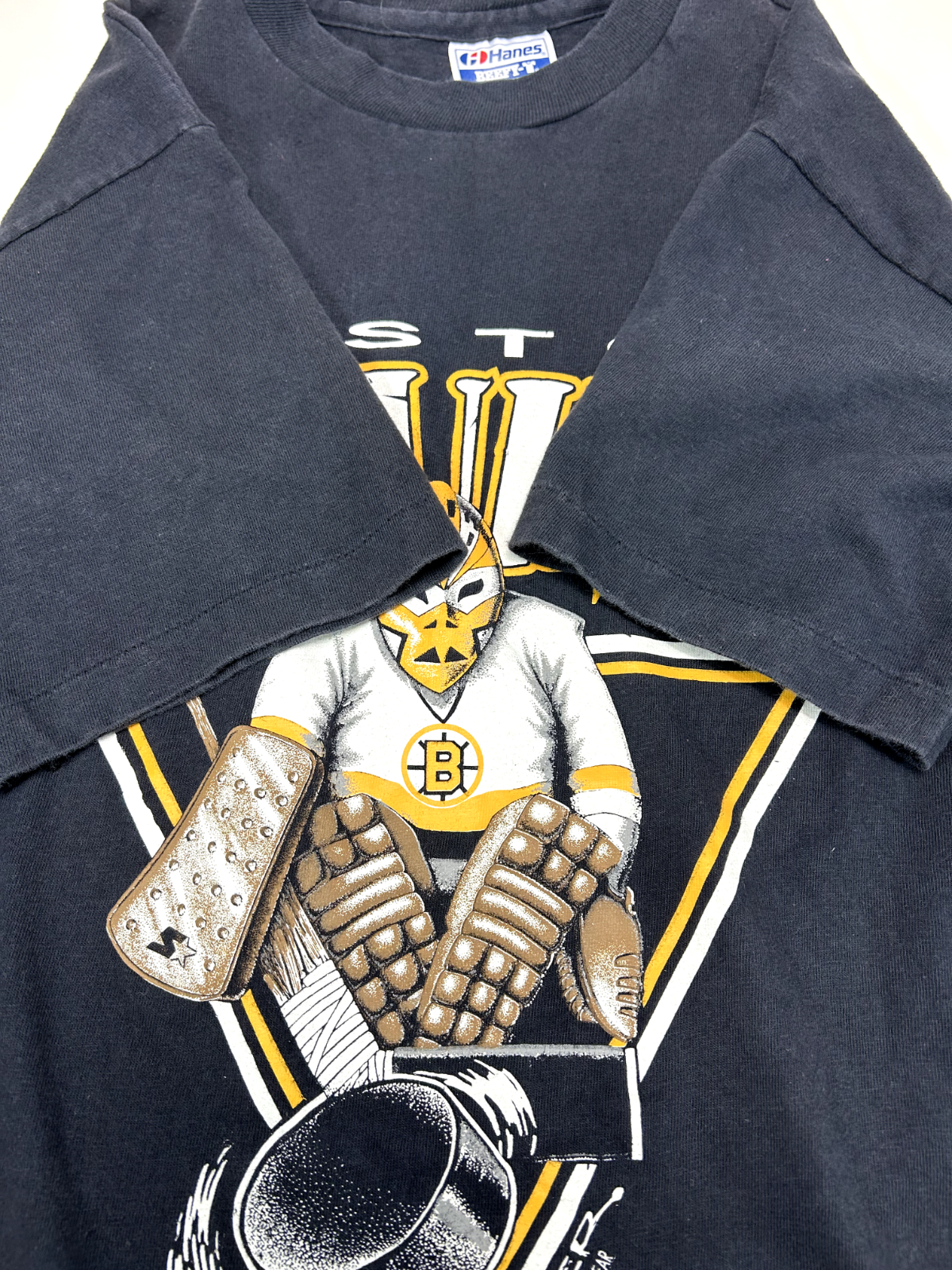 Vintage 1990 Boston Bruins NHL Goalie Graphic Hockey T-Shirt Size Medium 90s