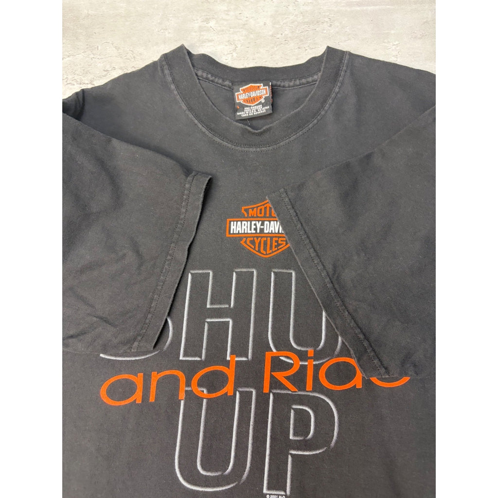 Vintage 2001 Harley Davidson Shut Up And Ride Spellout Graphic T-Shirt Sz Large