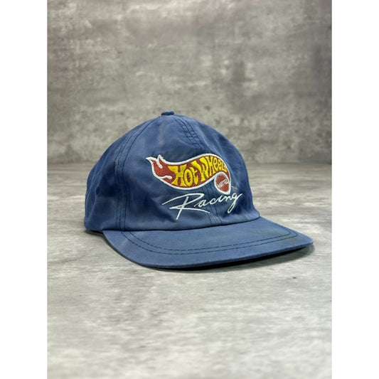 Vintage 90s Hot Wheels Racing Embroidered Spellout Logo Strapback Hat OSFA Blue