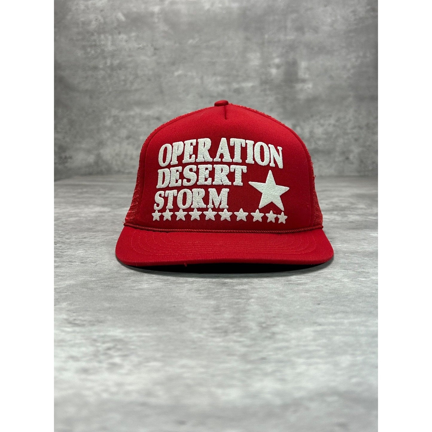 Vintage 80s Operation Desert Storm Spellout Graphic Trucker Snapback Hat OSFA