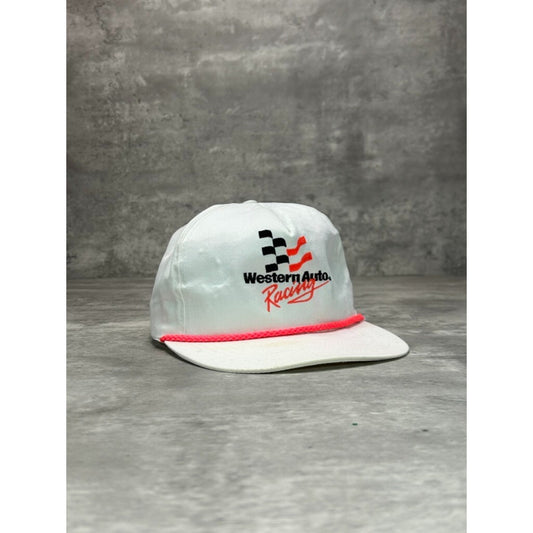 Vintage 90s Western Auto Racing Embroidered Spellout Snapback Hat OSFA White