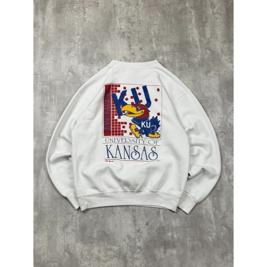 90s University Of Kansas NCAA Mascot Graphic Spellout Sweatshirt Size Large