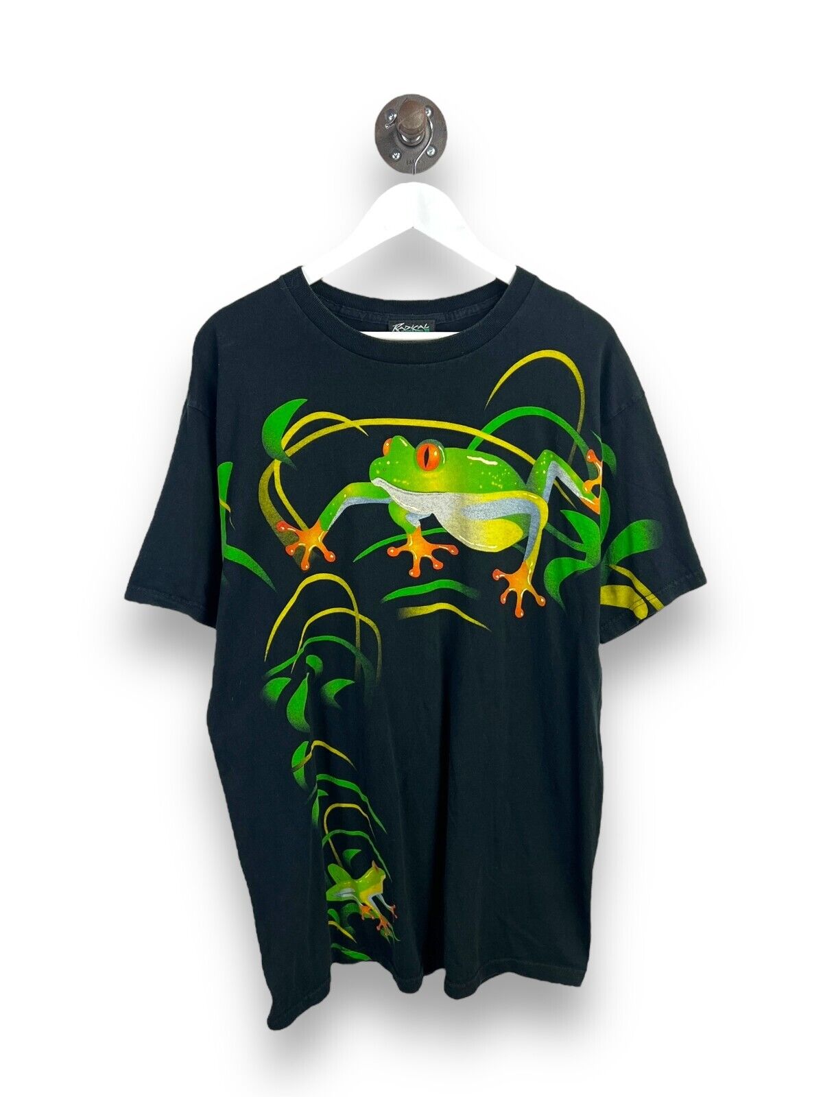 Vintage 90s Tree Frog Nature All Over Print Graphic T-Shirt Size XL Black