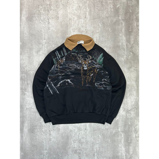 Vintage 90s Deer Nature All Over Print Collared Animal Sweatshirt Size Large