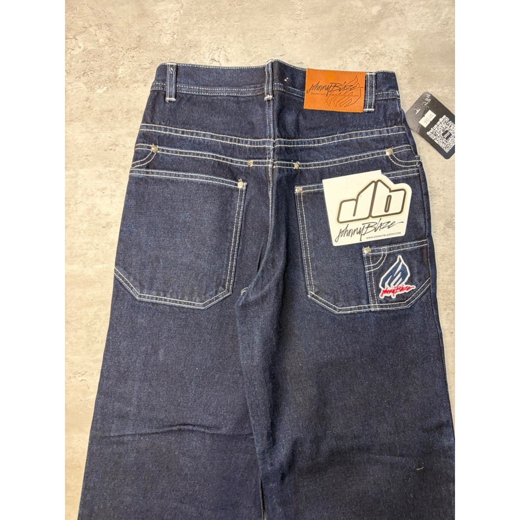 Y2K Womens Johnny Blaze Embroidered Spellout Dark Wash Denim Pants 28x29