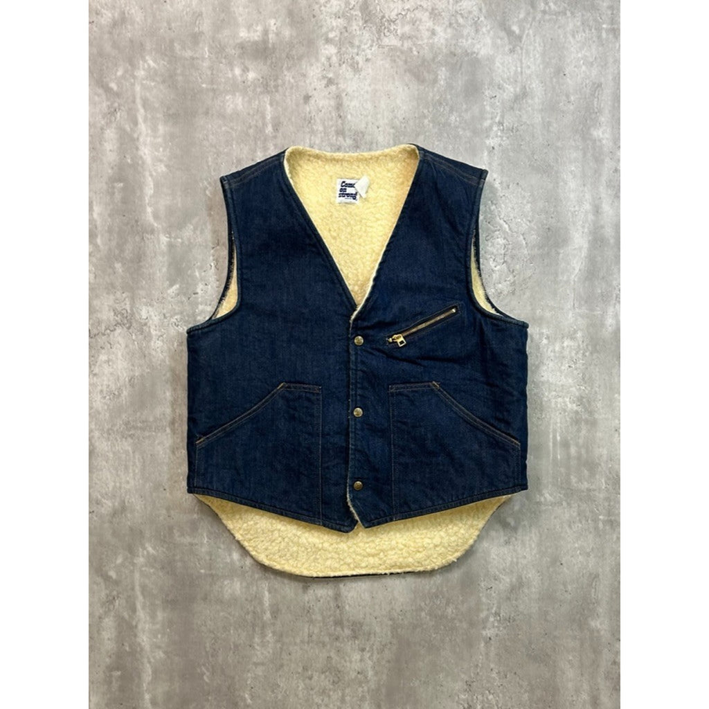 Vintage 70s Come On Strong Sherpa Lined Dark Wash Denim Vest Size Large