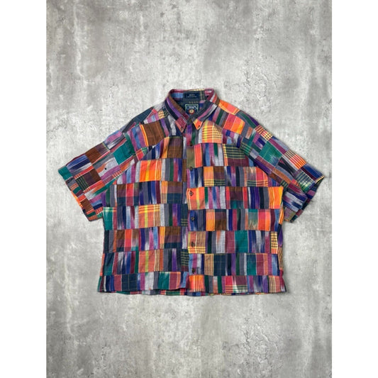 Vintage Chaps Patchwork Reworked Cropped Button Up Shirt Size Large