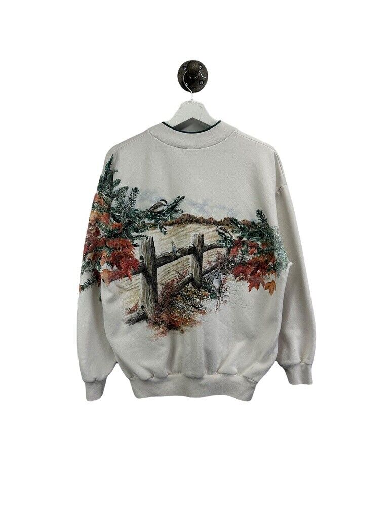 Vintage 90s Nature Farm Landscape Animal Graphic Sweatshirt Size Large White