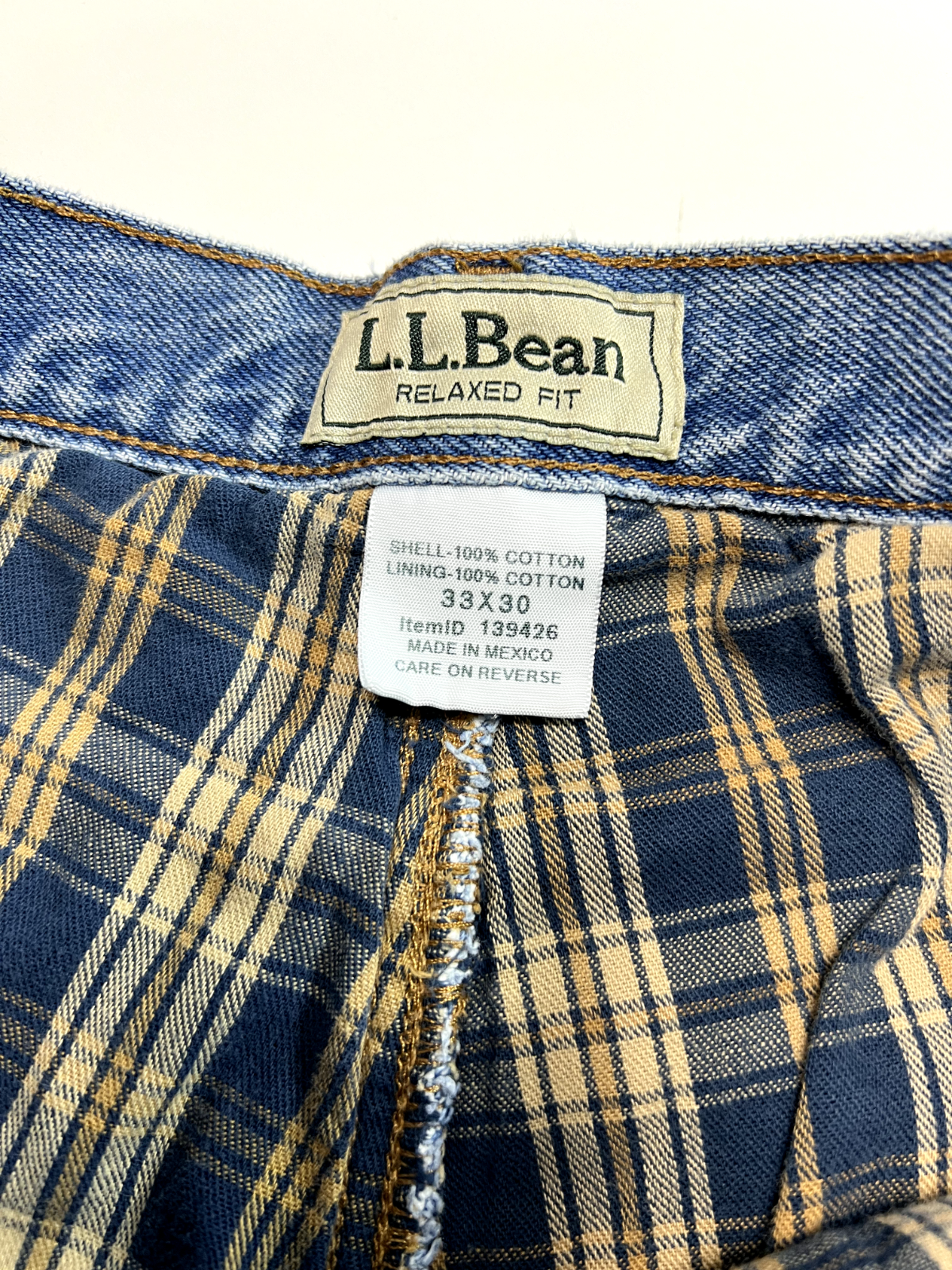 Vintage 90s L.L. Bean Plaid Lined Light Wash Relaxed Fit Denim Pants Size 33W