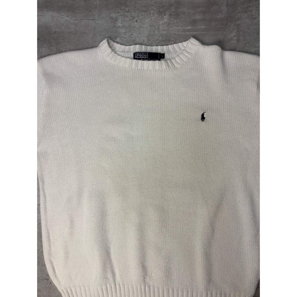 Vintage 90s Polo Ralph Lauren Embroidered Pony White Knit Sweater Size Large