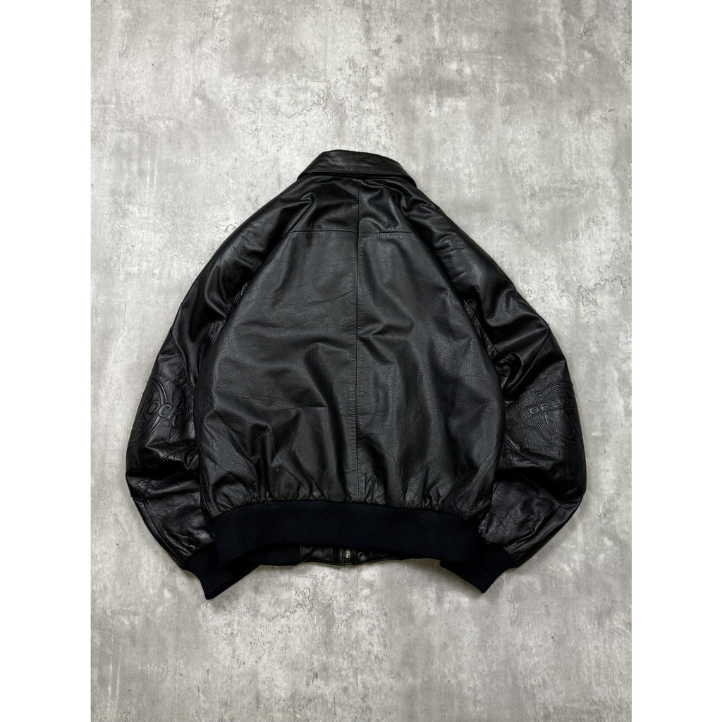 Vintage Hard Rock Cafe Embossed Sleeve Logo Leather Bomber Jacket Size Small