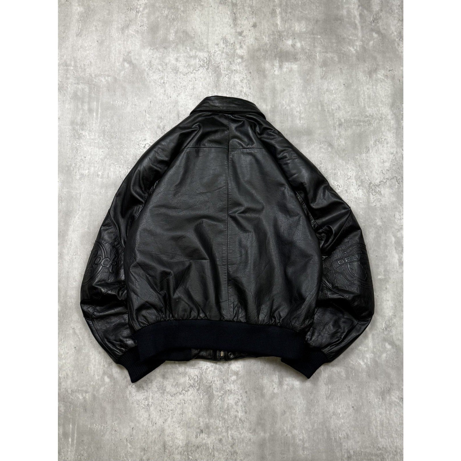 Vintage Hard Rock Cafe Embossed Sleeve Logo Leather Bomber Jacket Size Small