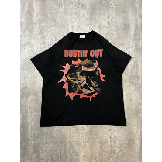 Vintage 90s Bustin' Out Motorcycle Chest Buster Graphic T-Shirt Size Large