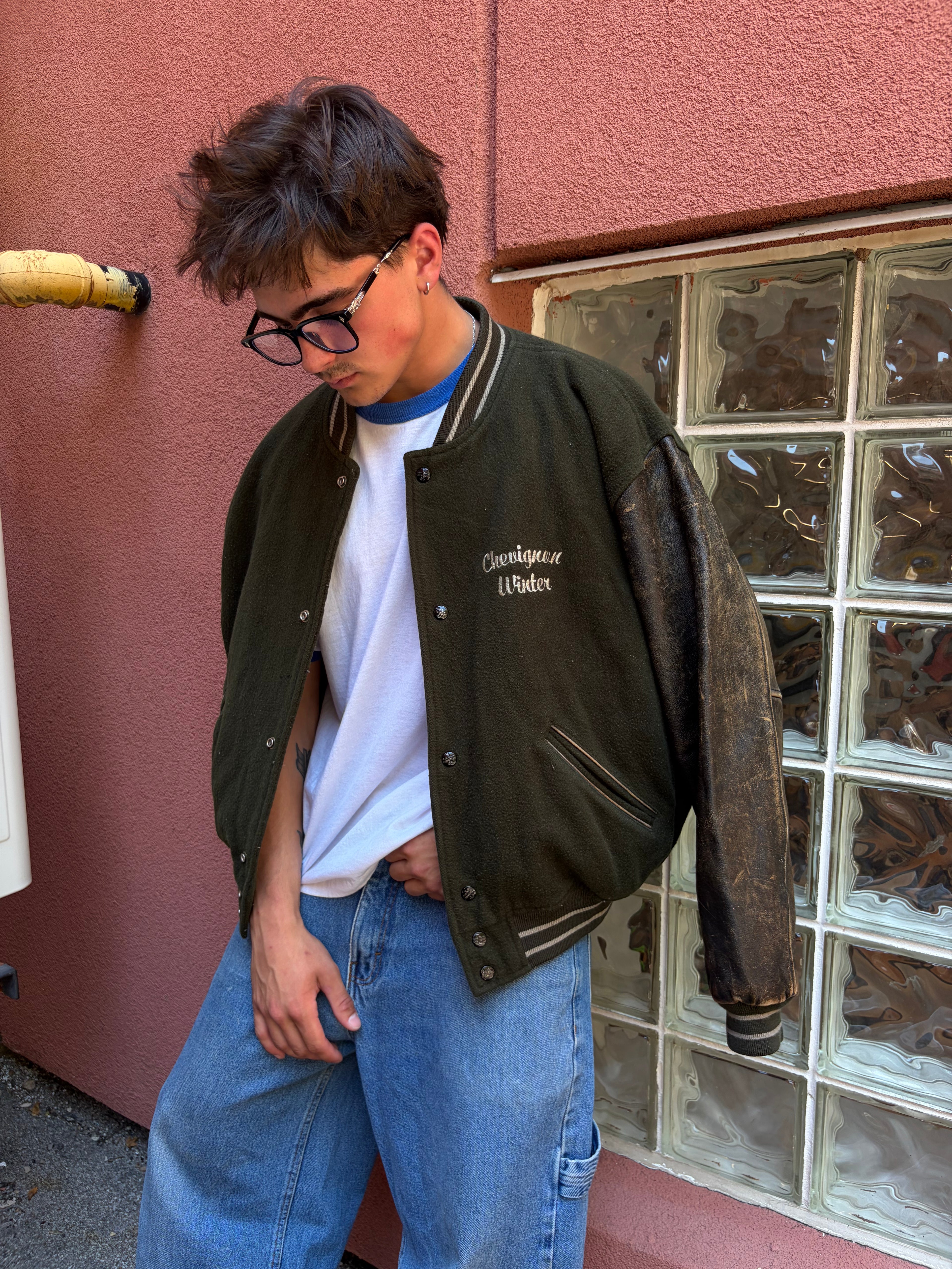 Vintage 90s Chevignon Winter Embroidered Spellout Varsity Bomber Jacket Size XL