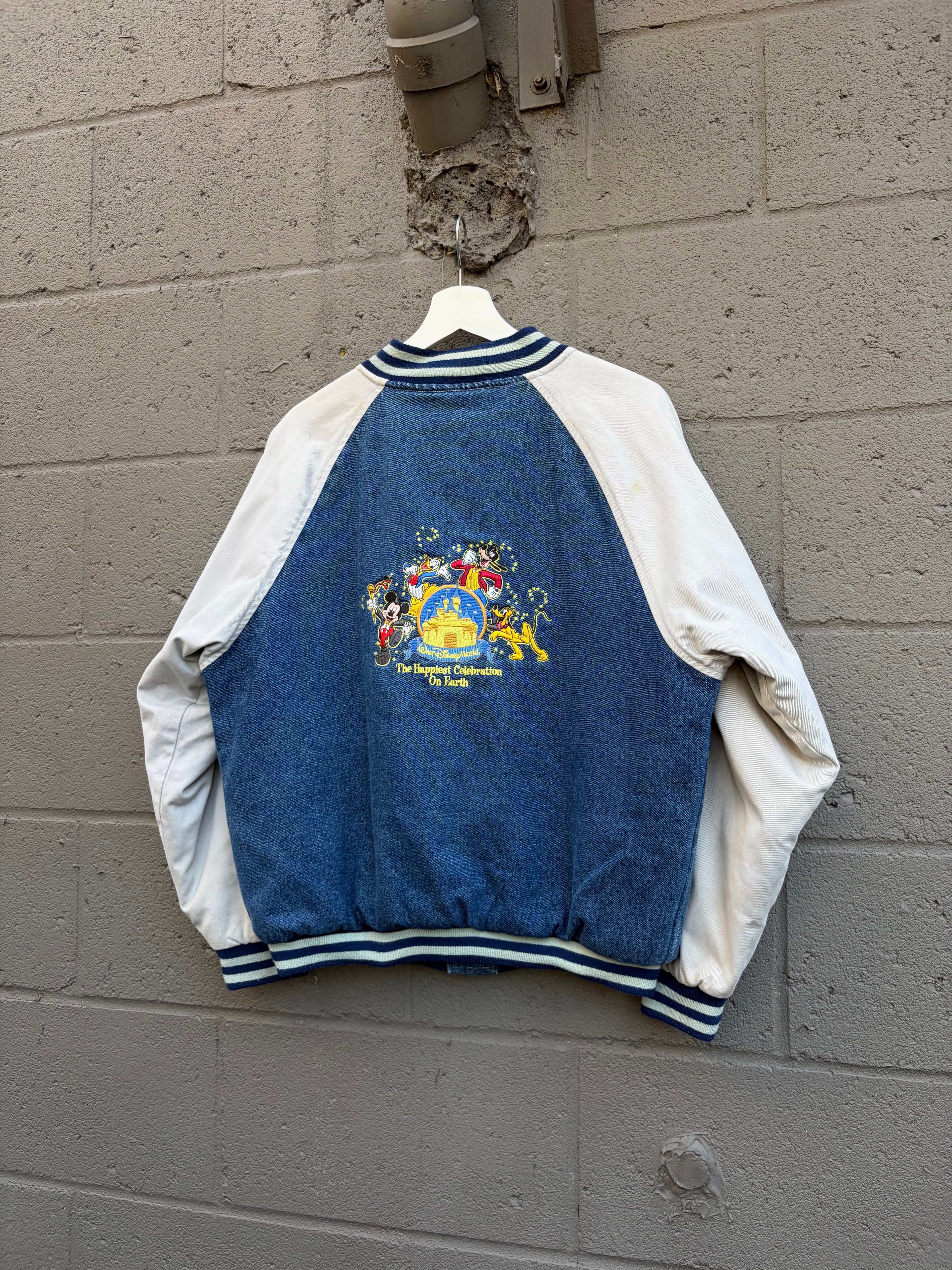 Vintage Walt Disney World Embroidered Logo Denim Bomber Jacket Size Small