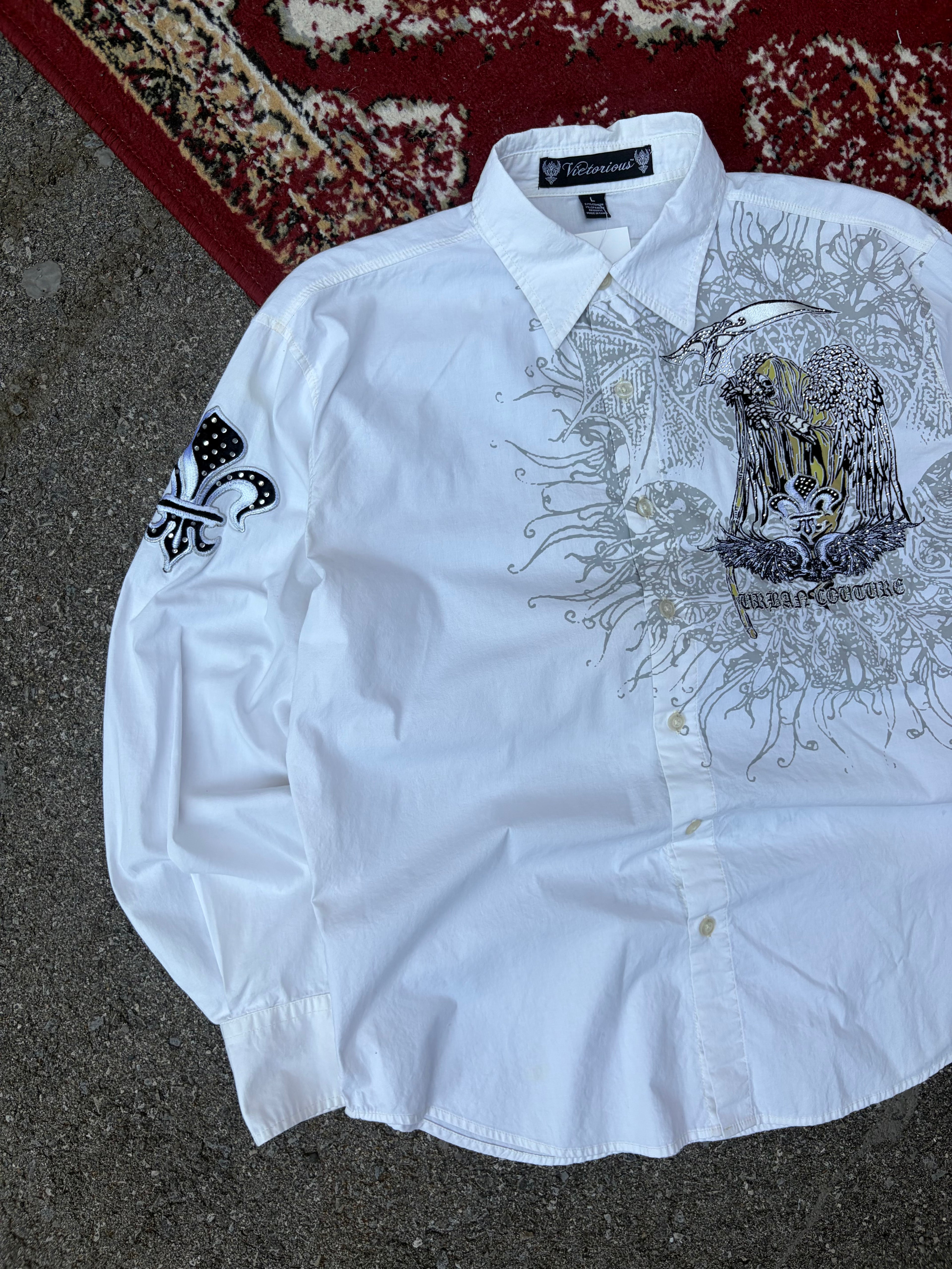 Vintage Y2K Victorious Embroidered Bedazzled Graphic Button Up Shirt Size Large