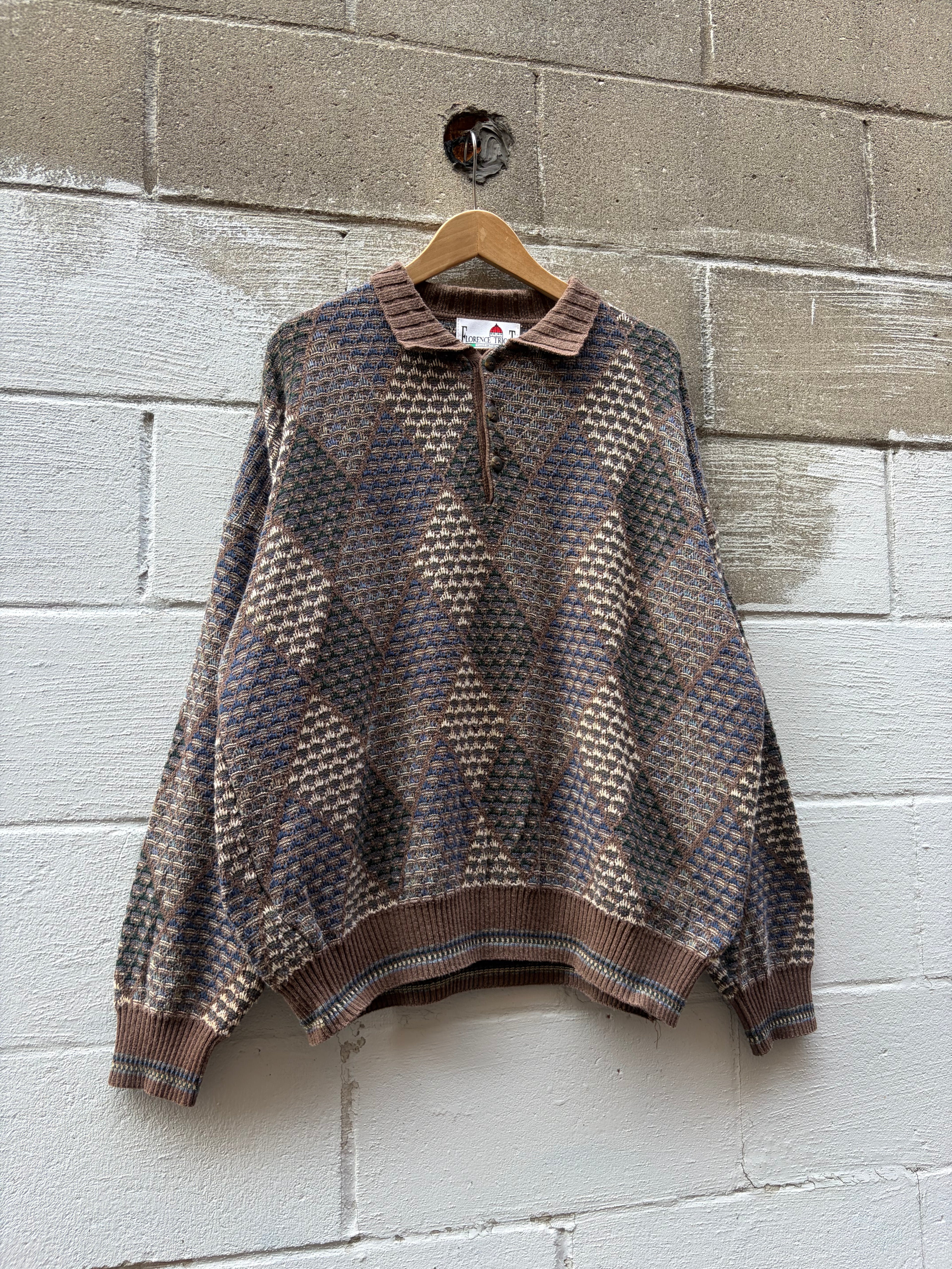 Vintage Florence Tricot Geometric Pattern 1/4 Button Knit Sweater Size XL