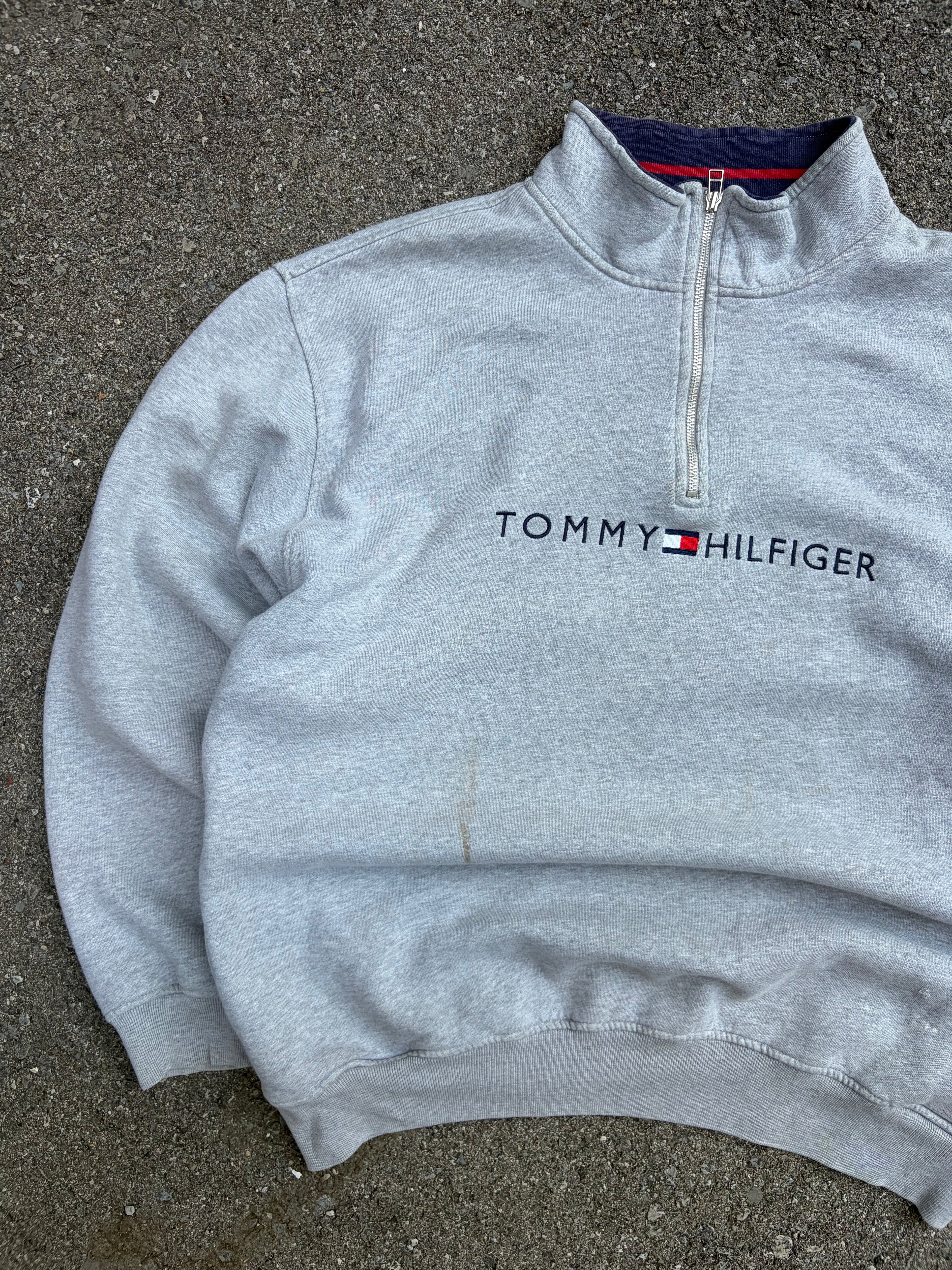 Vintage Tommy Hilfiger Embroidered Spellout Logo 1/4 Zip Sweatshirt Size XL