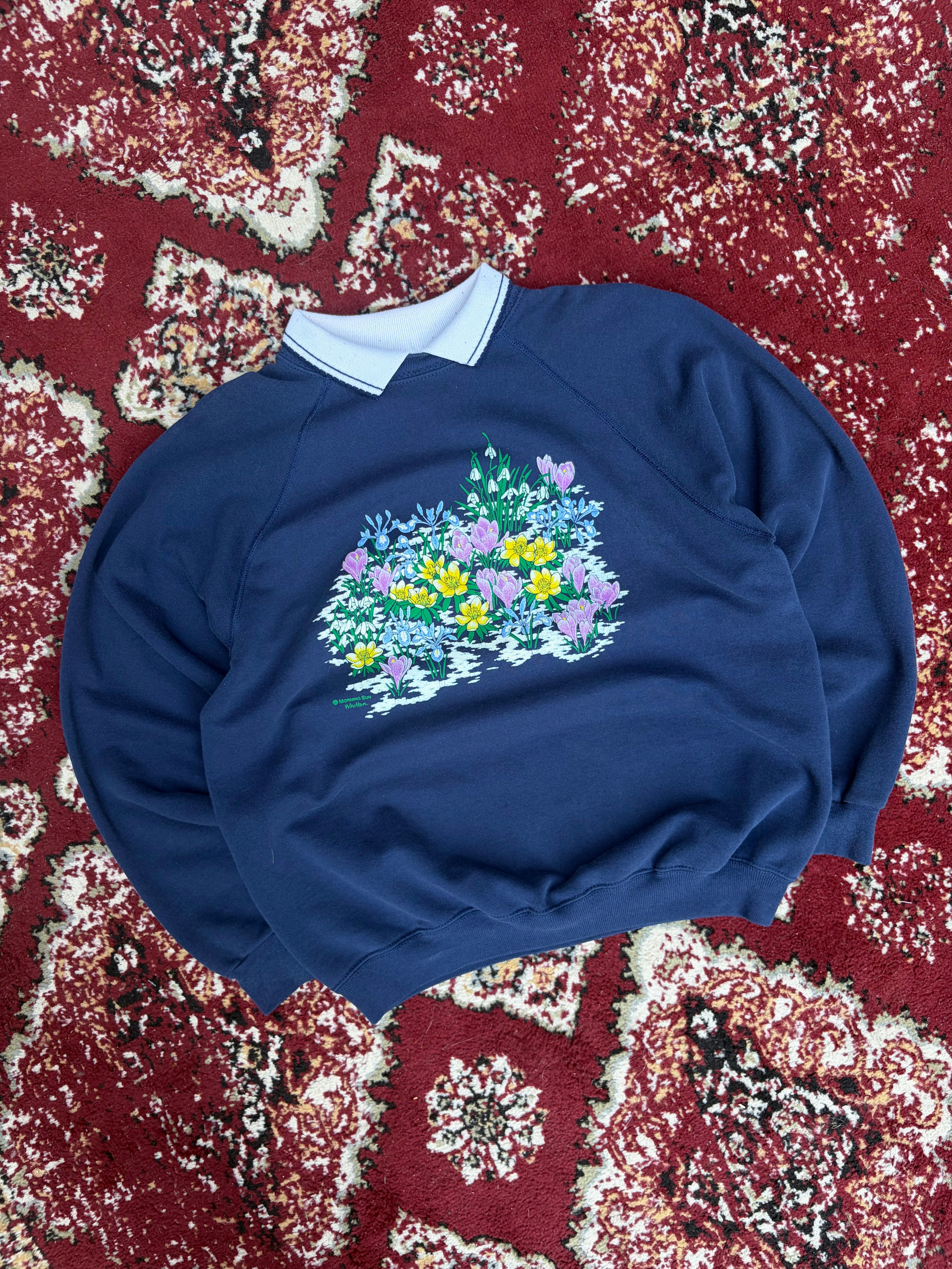 Vintage 80s/90s Floral Assortment Graphic Collar Crewneck Sweatshirt Size Large