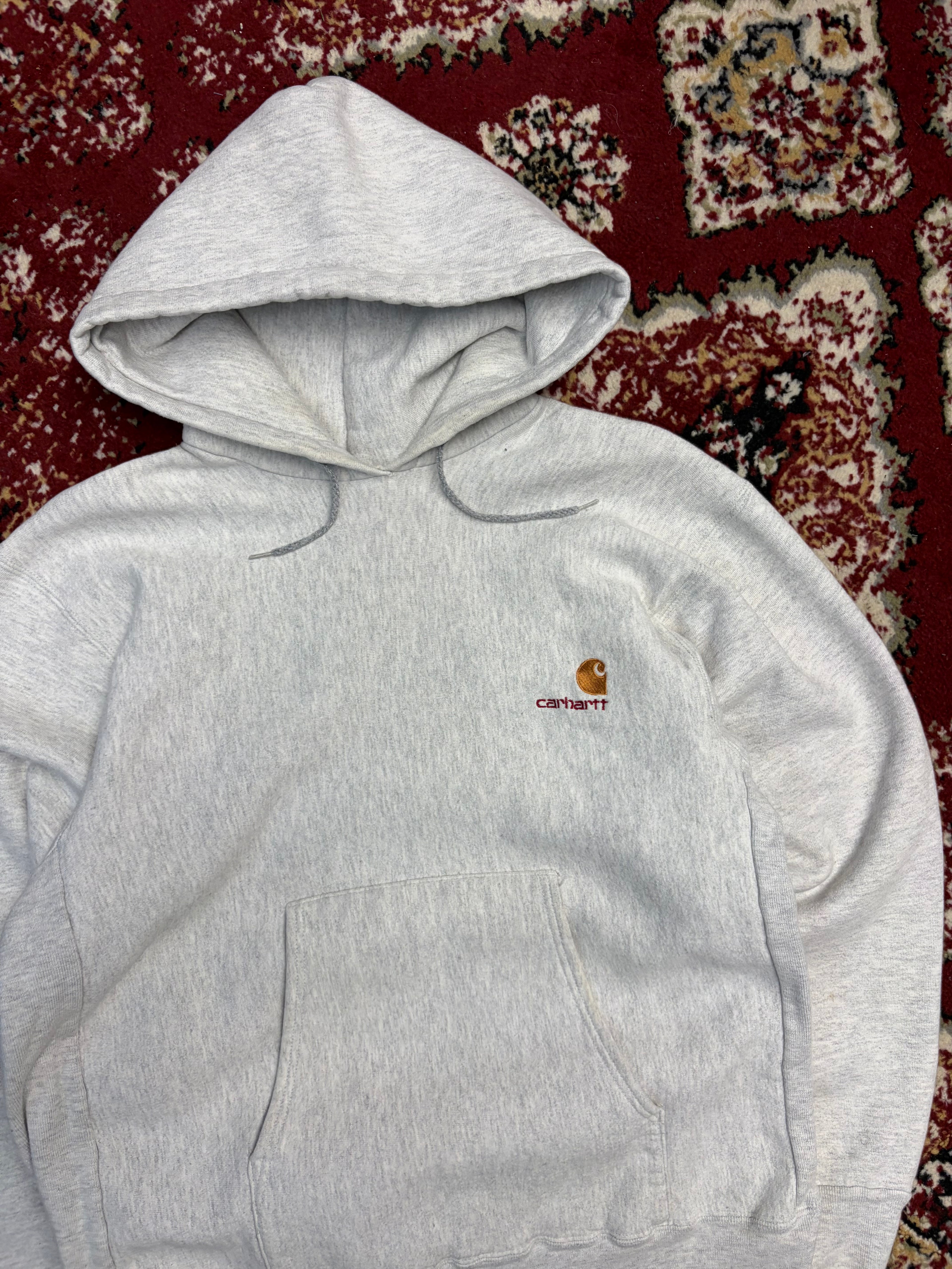 Vintage 80s/90s Carhartt Embroidered Spellout Logo Hooded Sweatshirt Size Medium
