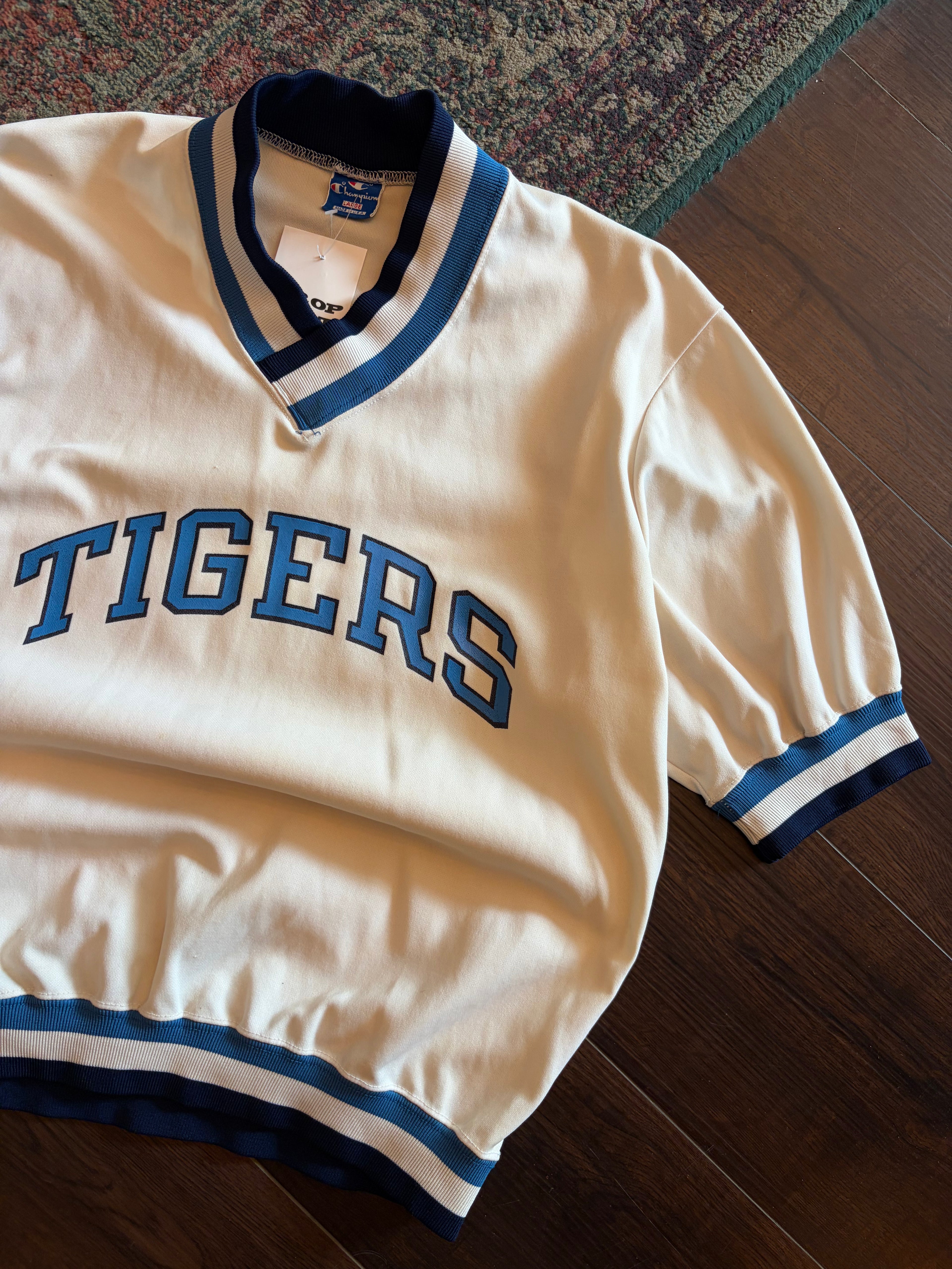 Vintage 80s Tigers Arc Spellout Graphic Champion Short Sleeve Jersey Size Large