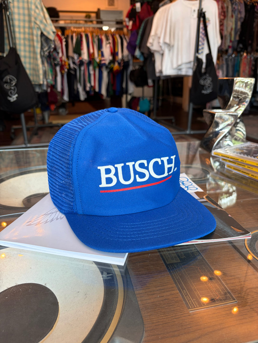 Vintage 80s/90s Busch Logo Spellout Beer Promo Trucker Snapback Hat OSFA