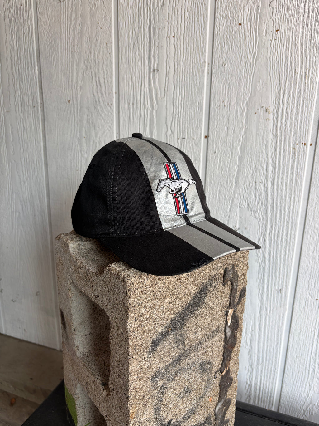 Vintage Ford Mustang Embroidered Logo Racing Stripe Strapback Hat OSFA
