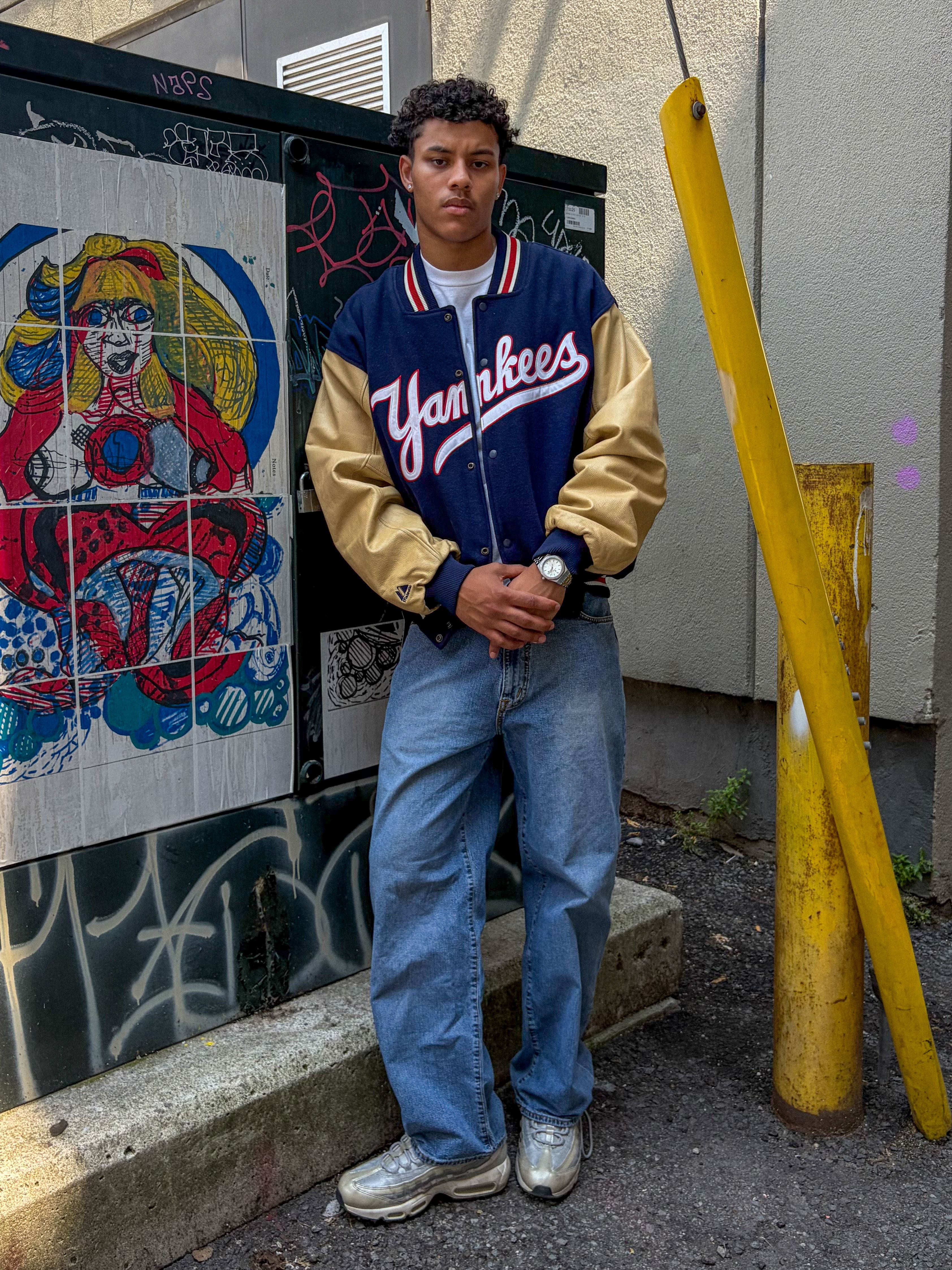Vintage 90s New York Yankees MLB Script Spellout Varsity Jacket Size XL