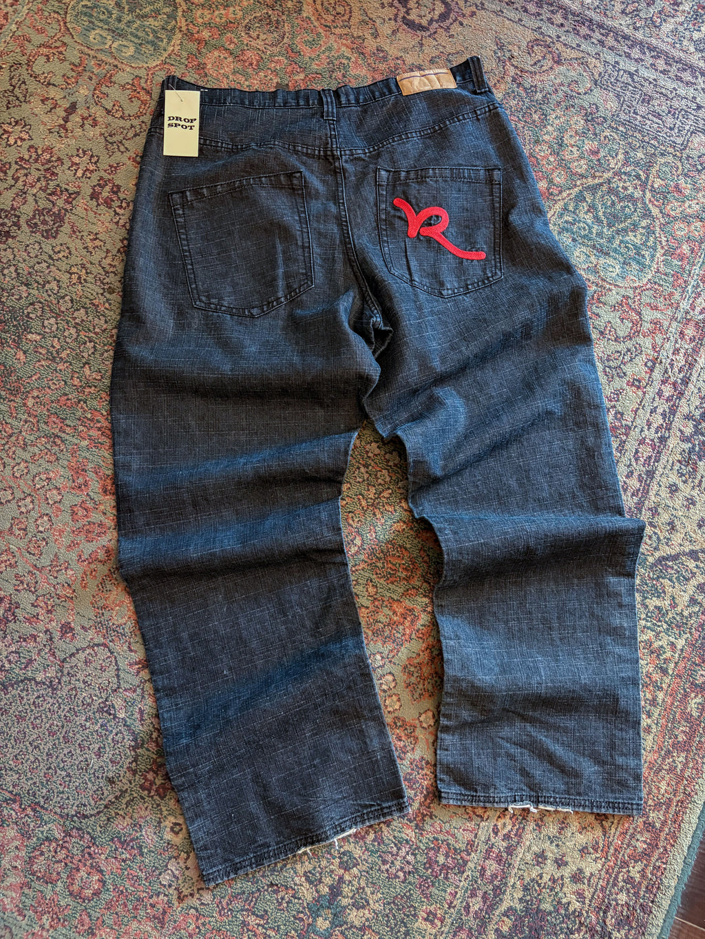 Vintage Y2K Rocawear Chain Stitch Pocket Logo Black Wash Denim Pants Size 40