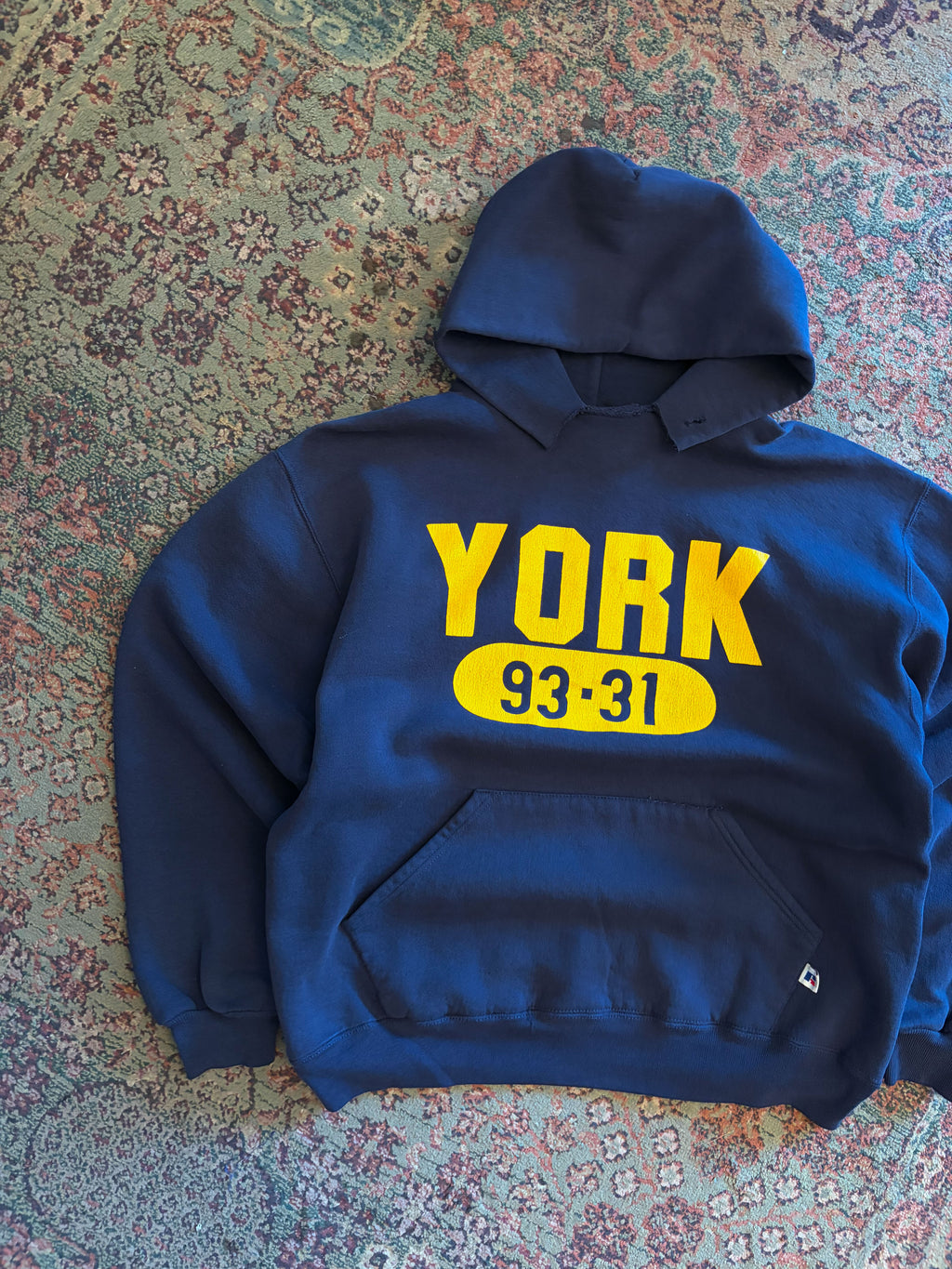 90s York 93-31 Graphic Spellout Russell Athletic Hoodie Sweatshirt Size Large