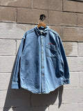 90s Budweiser Embroidered Logo Medium Wash Denim Button Up Shirt Size Large