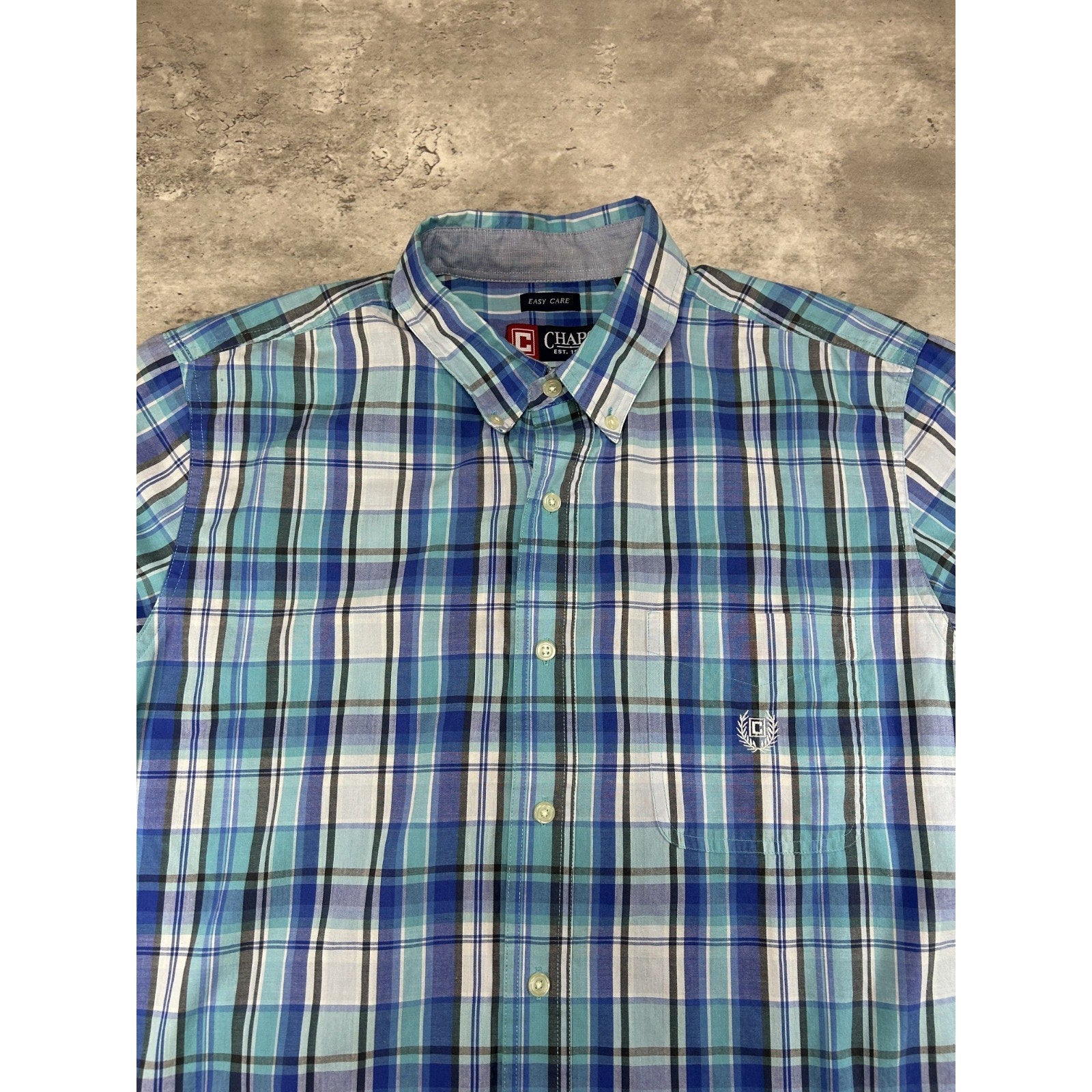 Vintage Chaps Plaid Print Short Sleeve Reworked Cropped Button Up Shirt Sz Large