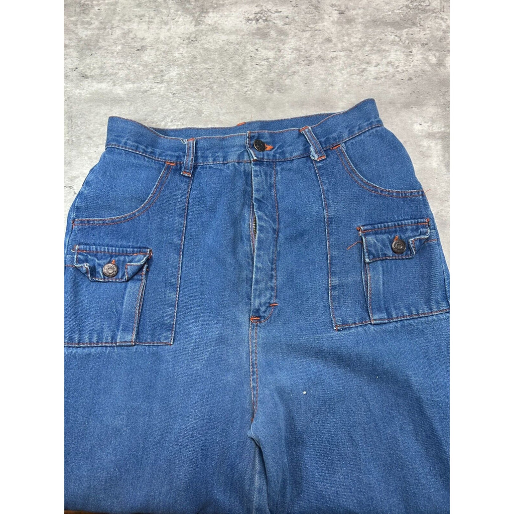 Vintage 70s/80s Medium Wash Multi Pocket Flared Denim Pants Size 29 Blue