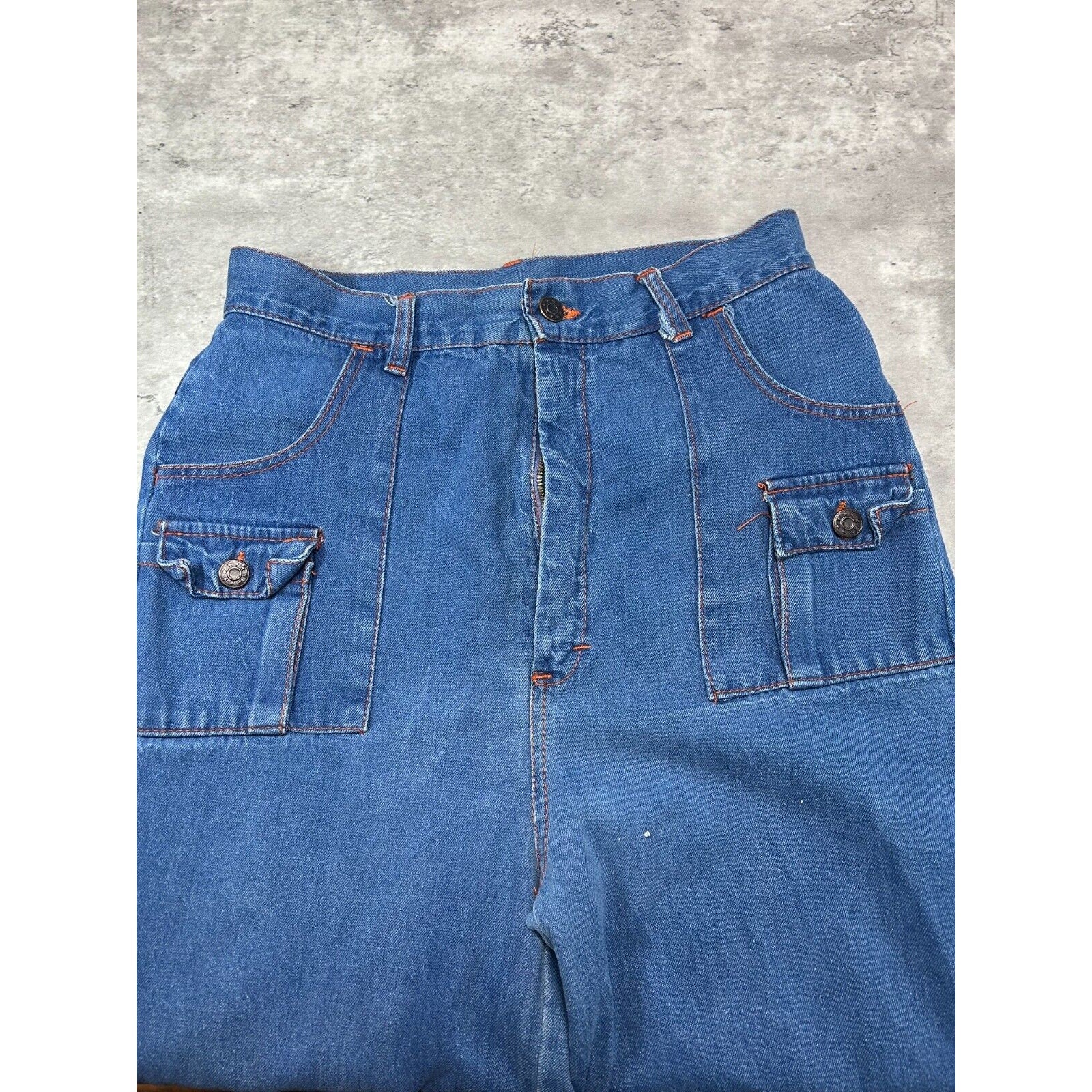 Vintage 70s/80s Medium Wash Multi Pocket Flared Denim Pants Size 29 Blue