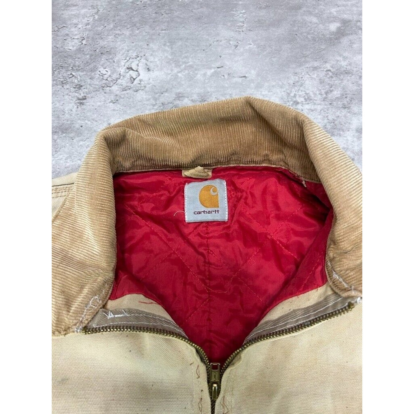 Vintage 80s Carhartt Quilted Lined Canvas Workwear Detroit Jacket Size XL Beige