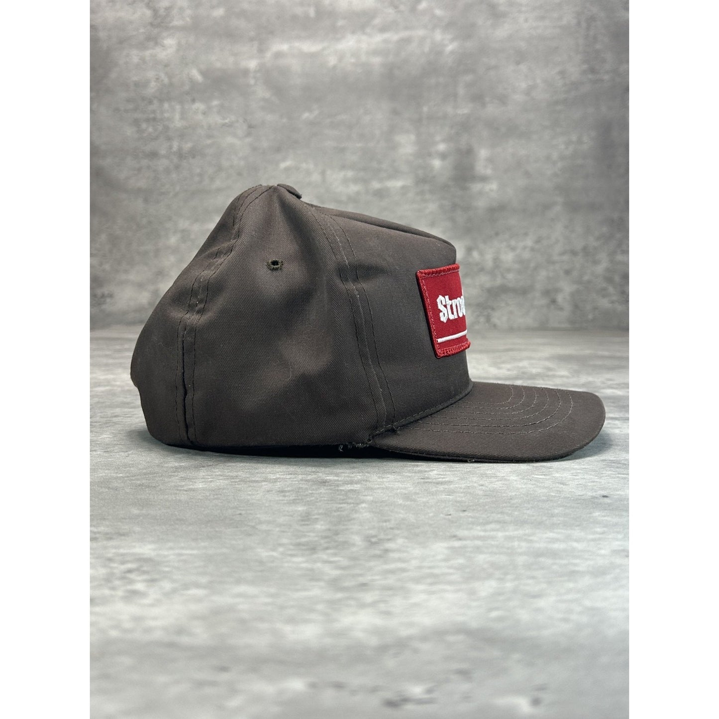 Vintage 80s/90s Stroehmann Embroidered Spellout Patch Snapback Hat OSFA Brown