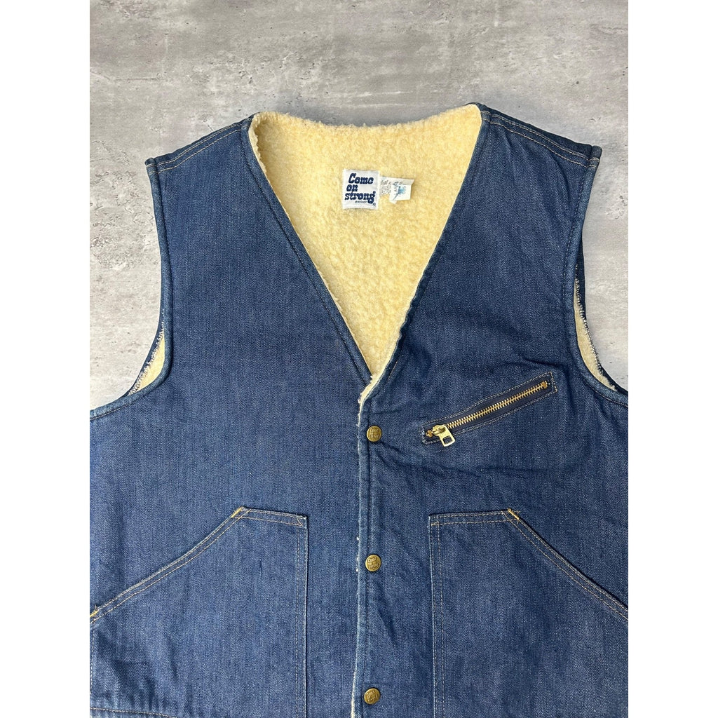 Vintage 70s Come On Strong Sherpa Lined Dark Wash Denim Vest Size Large