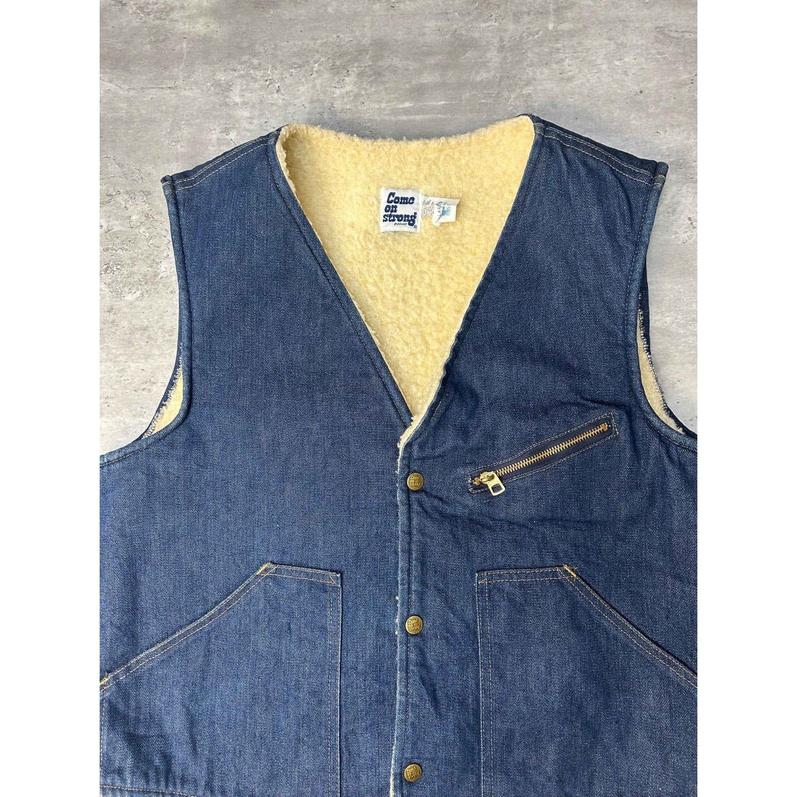 Vintage 70s Come On Strong Sherpa Lined Dark Wash Denim Vest Size Large