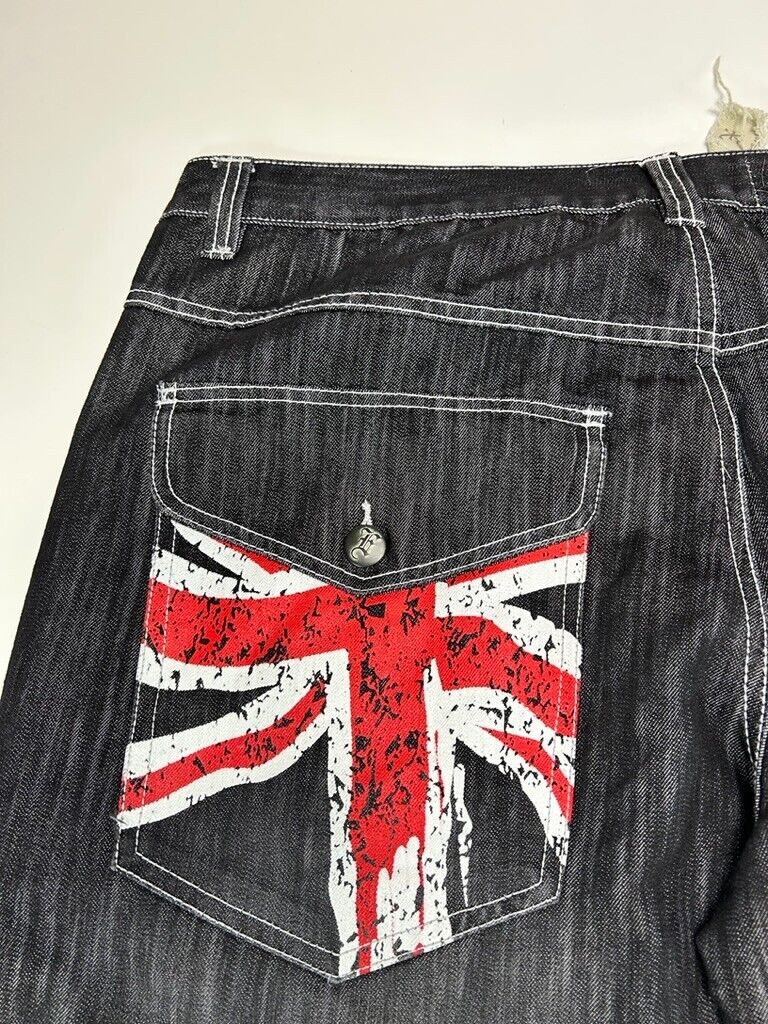 Vintage Y2K ESMX Baggy Fit Union Jack Graphic Black Wash Denim Pants Size 41