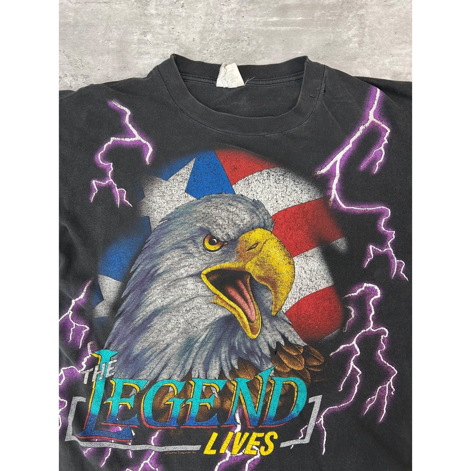 VTG 90s American Thunder The Legend Lives Bald Eagle Lightning T-Shirt Sz Large