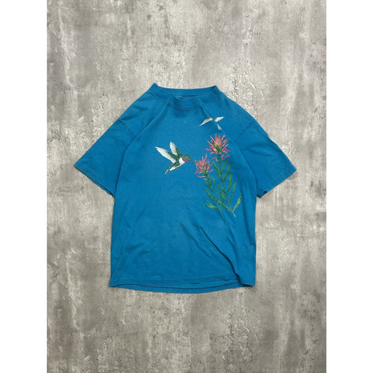 Vintage 90s Hummingbird Flower Nature Graphic T-Shirt Size Large Blue