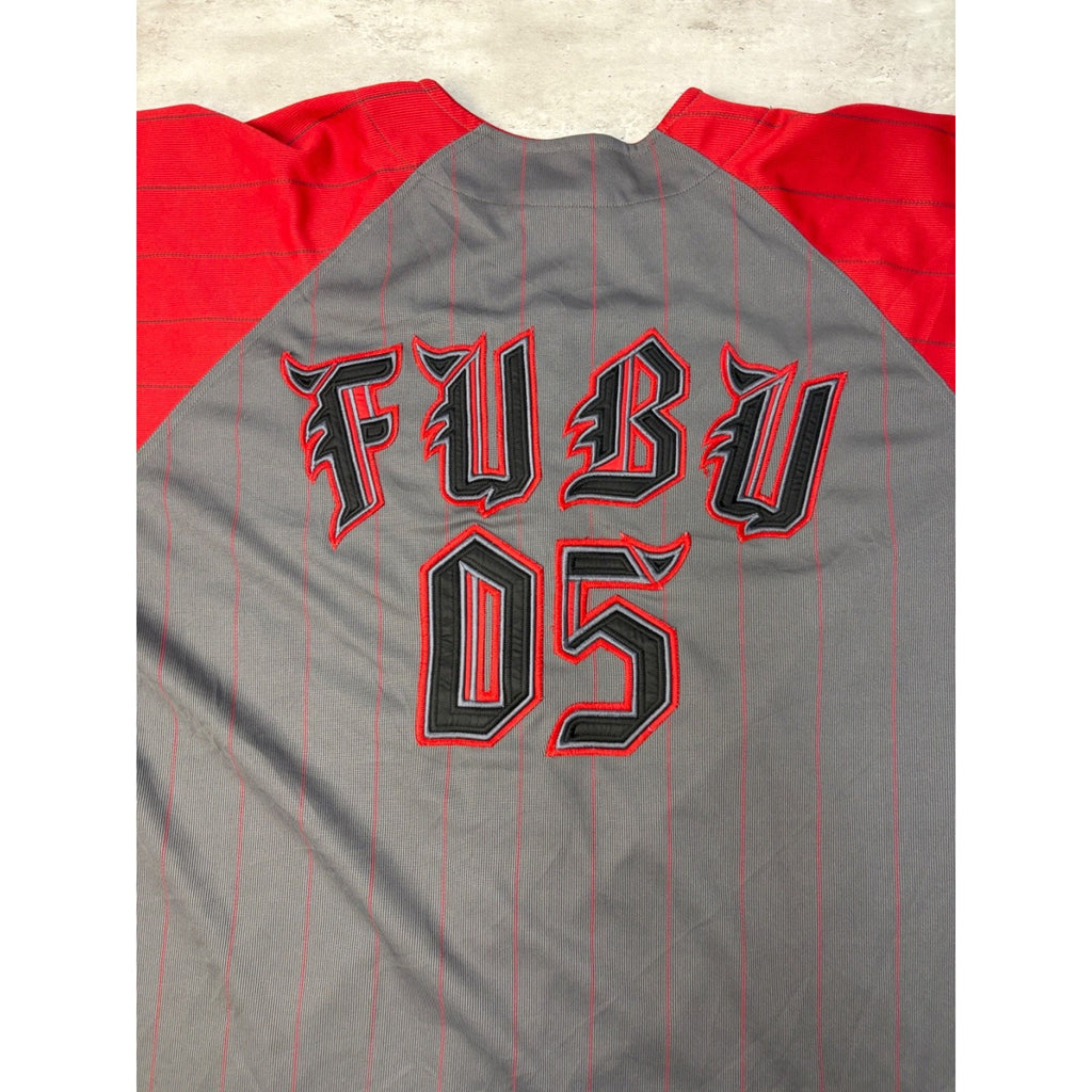 Vintage Y2K Fubu Stitched Logo Pinstripe Baseball Jersey Size 2XL