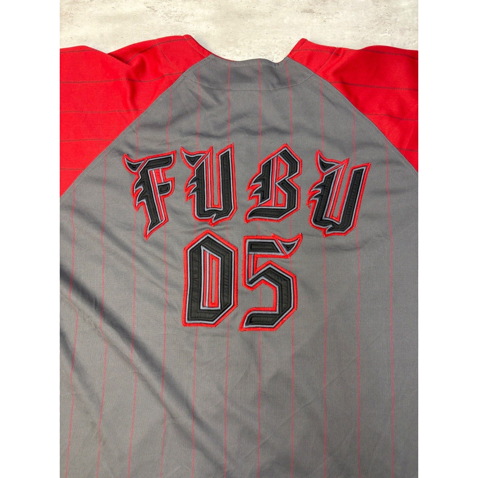 Vintage Y2K Fubu Stitched Logo Pinstripe Baseball Jersey Size 2XL