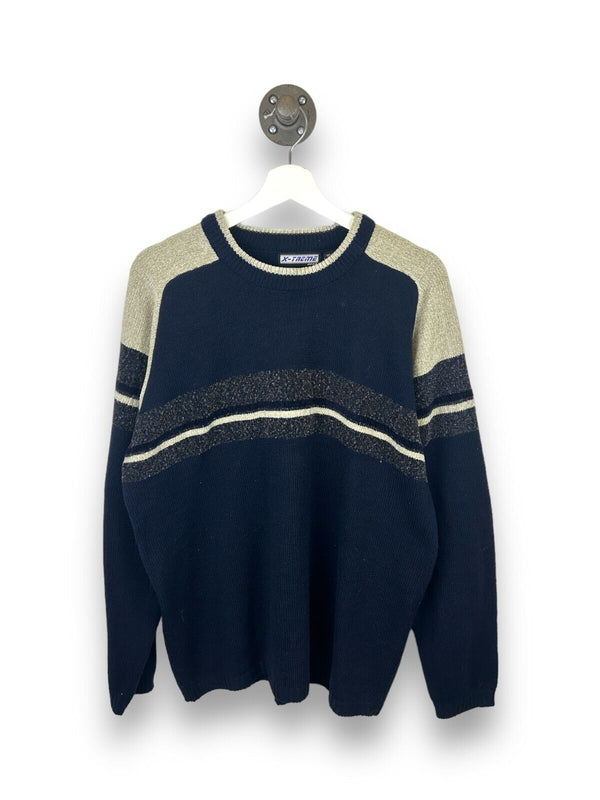 Vintage 90s X-Treme Gear Striped Pullover Knit Sweater Size Medium Blue