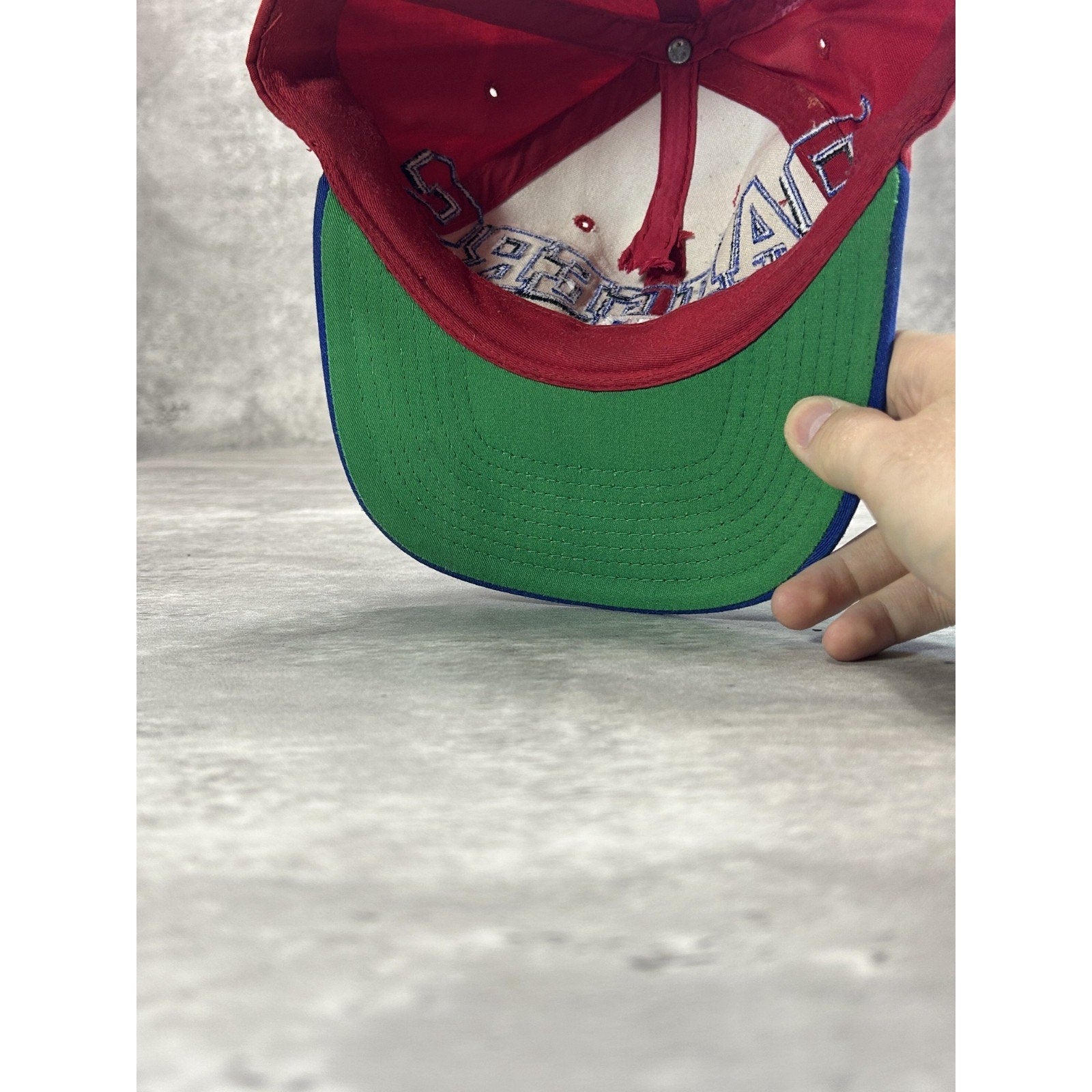 Vintage 90s Texas Rangers MLB Embroidered Arc Spellout Snapback Hat OSFA