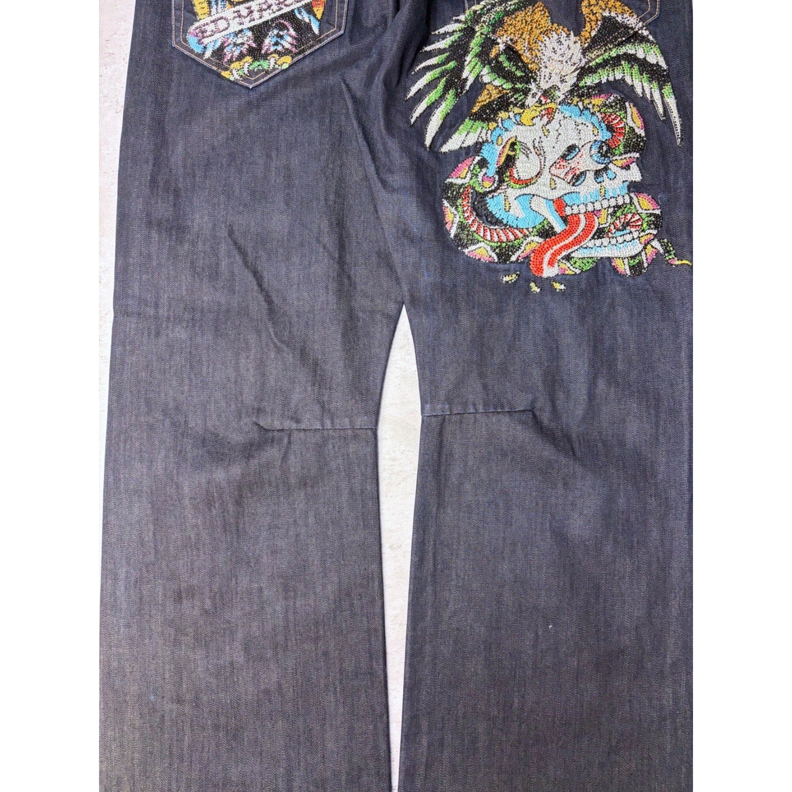 Vintage Y2K Ed Hardy Bedazzled Skull Graphic Dark Wash Denim Pants Size 40