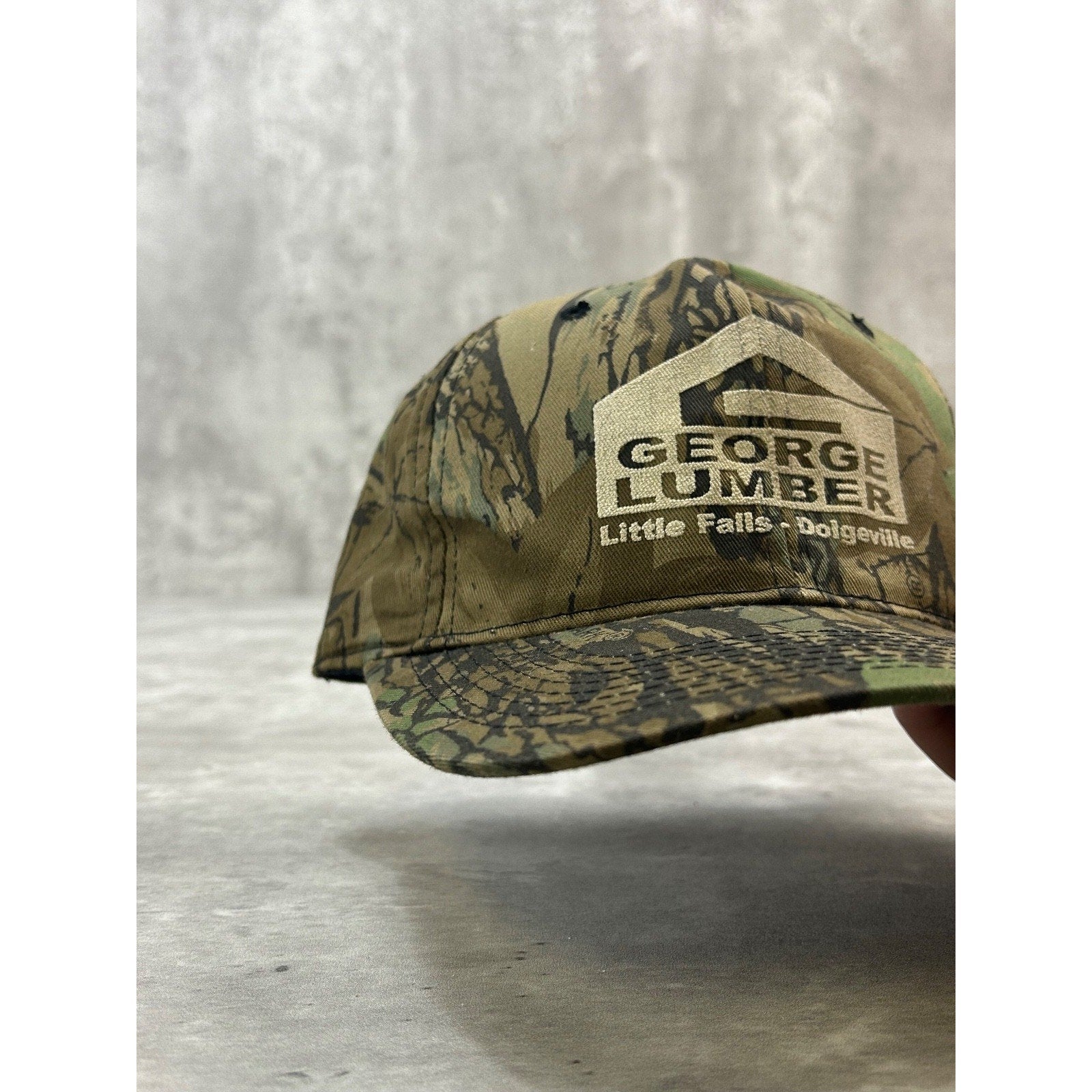 Vintage 90s George Lumber Tree Camo Hunting Spellout Snapback Hat OSFA
